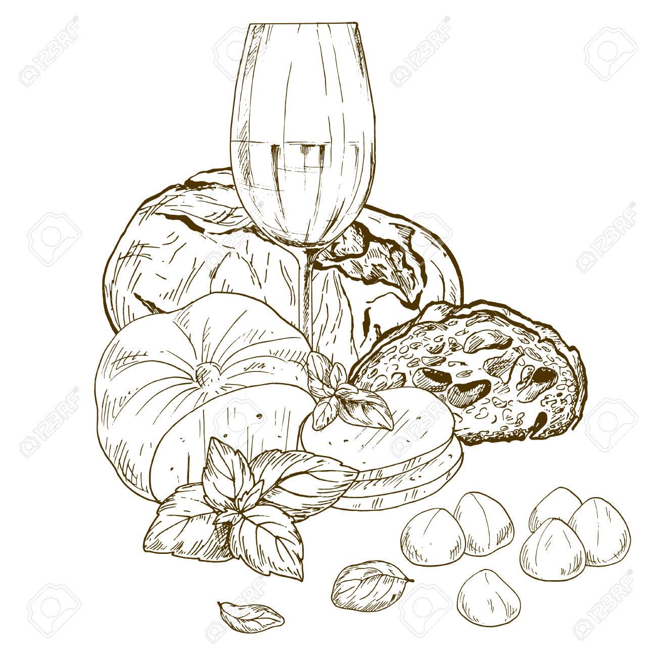 1300x1300 Pile Hand Drawn Mozzarella Cheese With Chiabatta, Glass