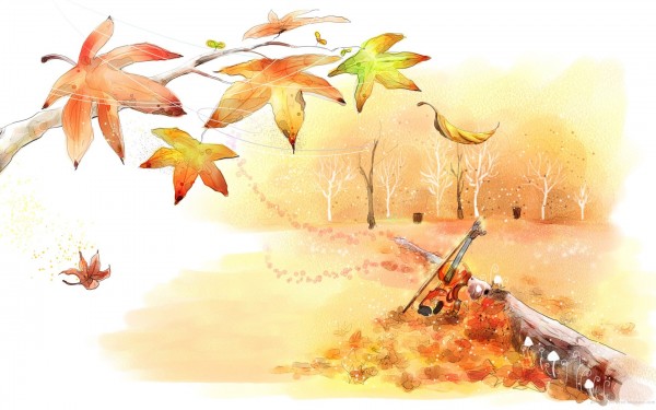600x375 Violine In The Pile Of Fall Leaves Drawing Widescreen Wallpaper