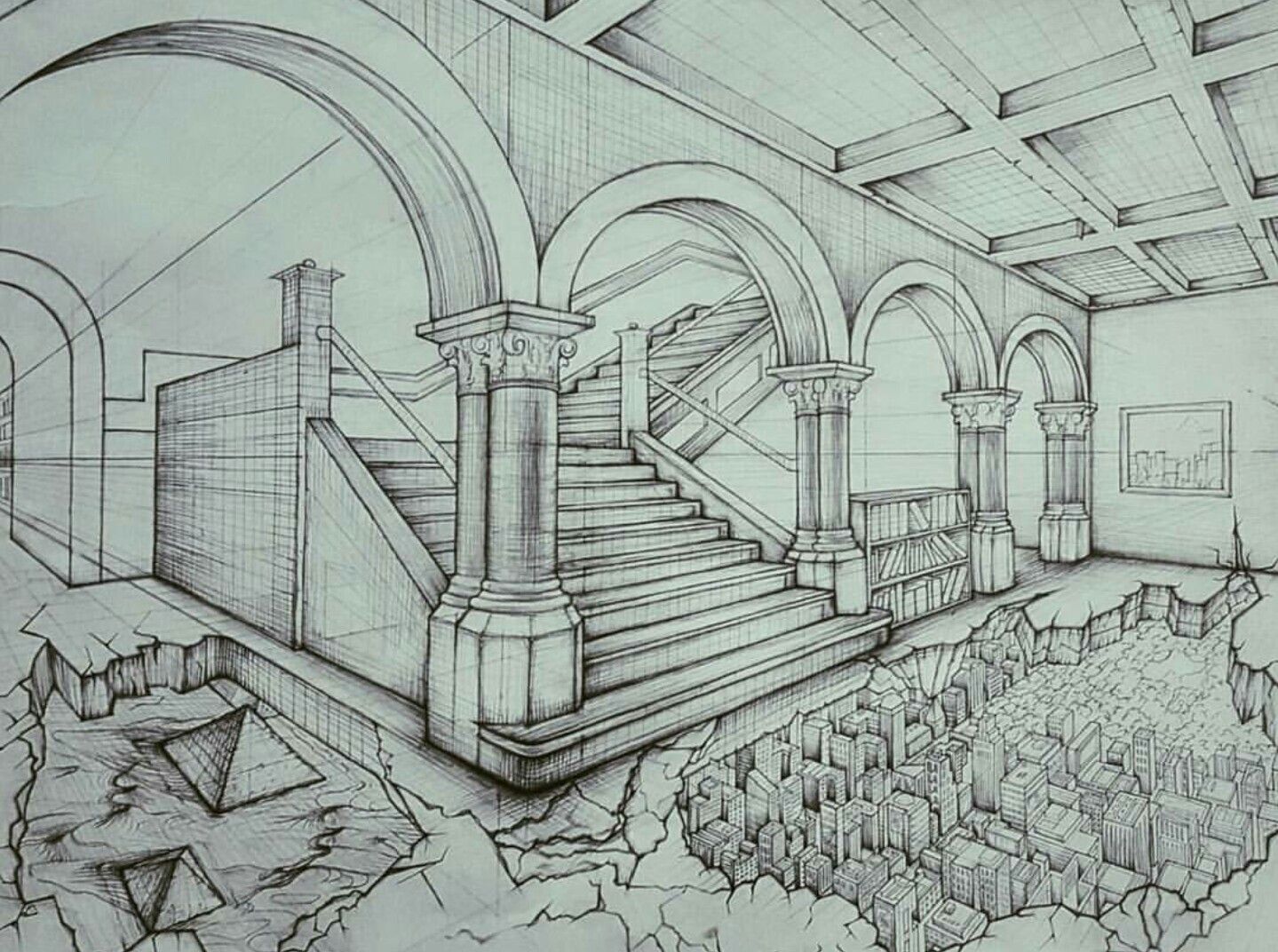 1439x1072 2 Point Perspective Graphite Drawing Of Library City Landscape