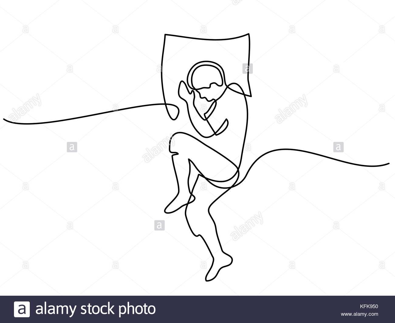 1300x1065 Continuous Line Drawing. Man In Sleeping Pose On Pillow. Vector