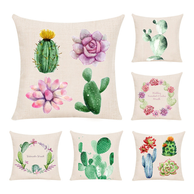640x640 45cm45cm Fresh Cactus Cushion Cover Hand Drawing Succulent Linen
