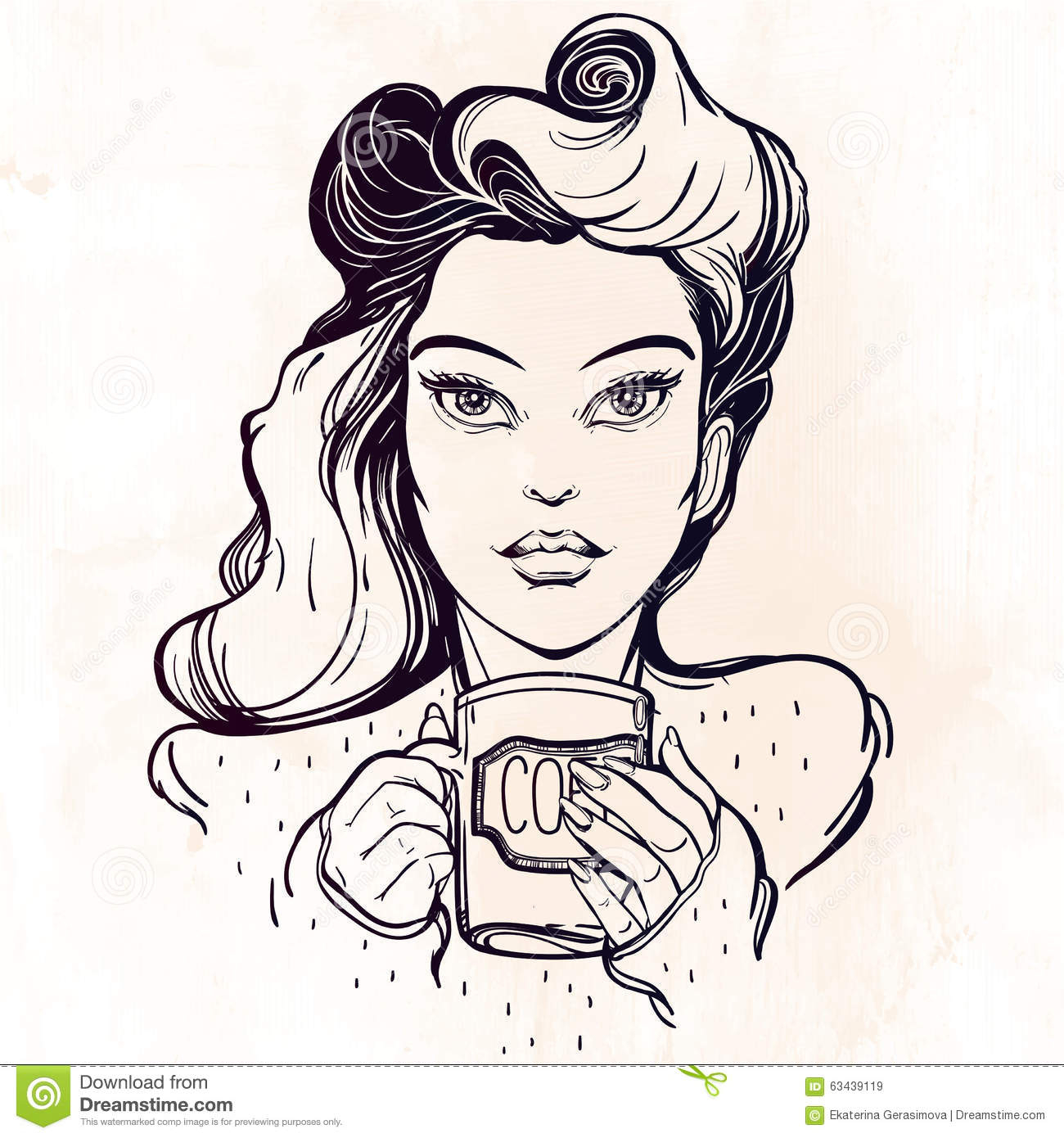1300x1390 Pin Up Girl Face Drawing Beautiful Pin Up Girl With A Coffee Cup