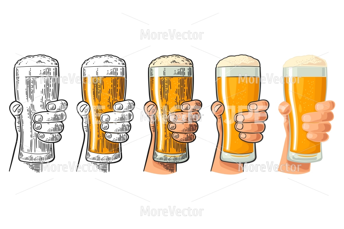 1160x772 Man Hand Holding And Clinking Beer Glass With Foam. Drawing