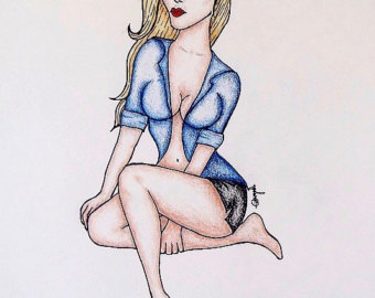 340x270 Retro Coffee Pinup Girl Original Drawing