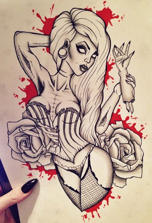 500x733 Roses And Pin Up Girl Tattoo Design For Girls