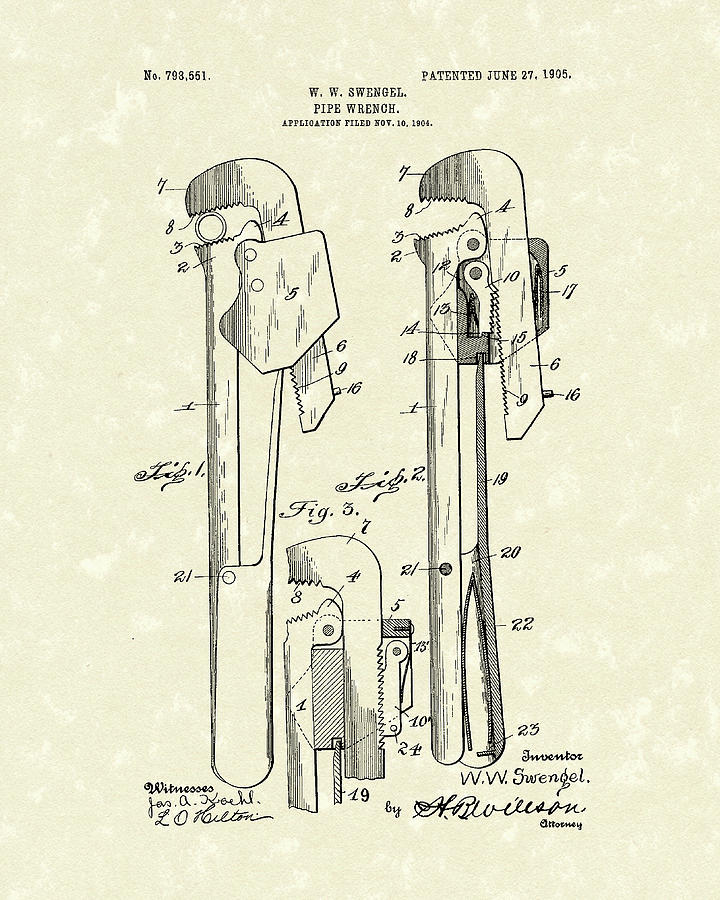 720x900 Pipe Wrench 1905 Patent Art Drawing By Prior Art Design