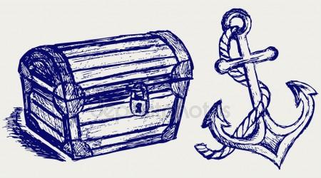 450x250 Old Pirate Treasure Chest. Hand Drawing Artistic Pencil Sketch