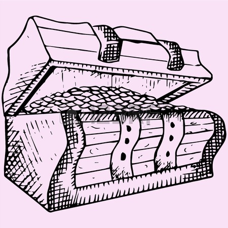 450x450 Open Full Pirate Treasure Chest And Coin Hand Draw Sketch. Retro