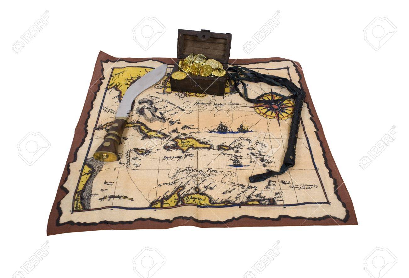 1300x886 Pirate Treasure Chest With Gold Coins, Map, Dagger And Leather