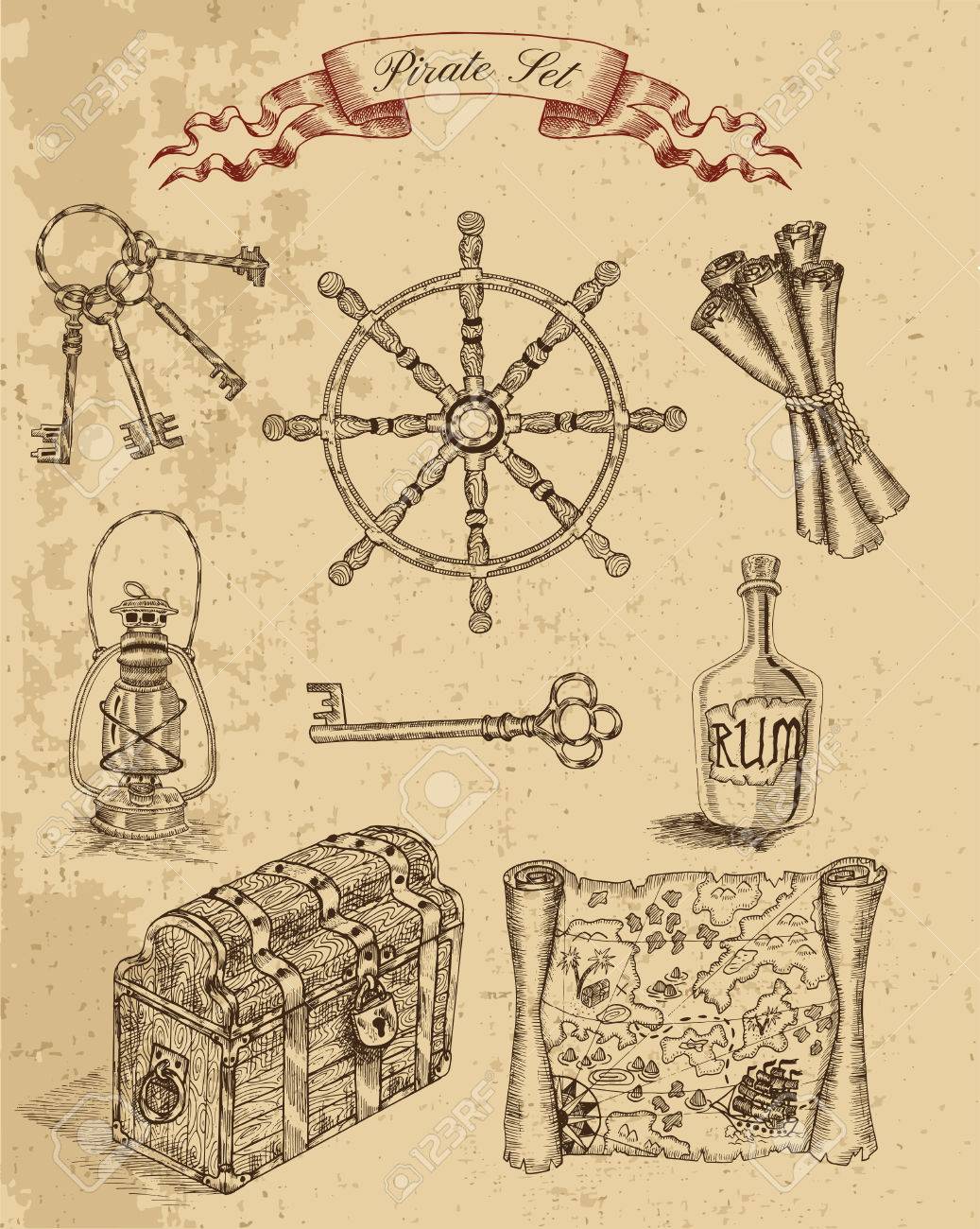 1037x1300 Engraved Set With Pirate Objects Trunk, Ship Wheel, Keys, Pirate