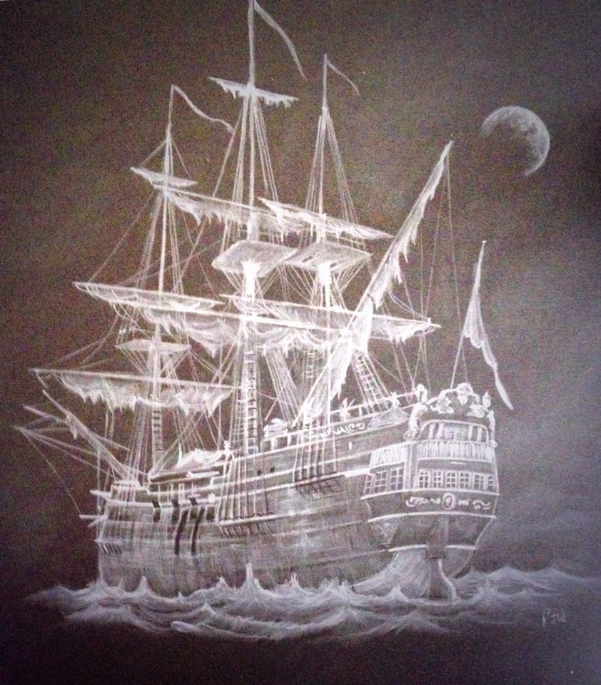 842x960 Ghost Pirate Ship Drawn Using A White Conte Pencil On Black Coated