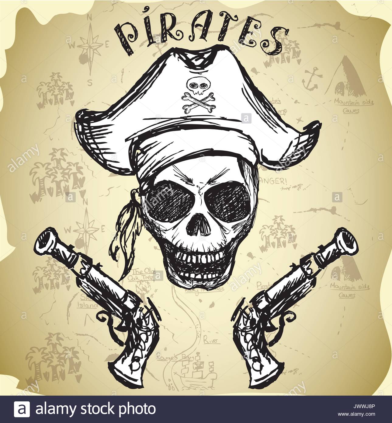 1289x1390 Pirate Skull With Hat And Pistols, Hand Drawing, Vector Stock
