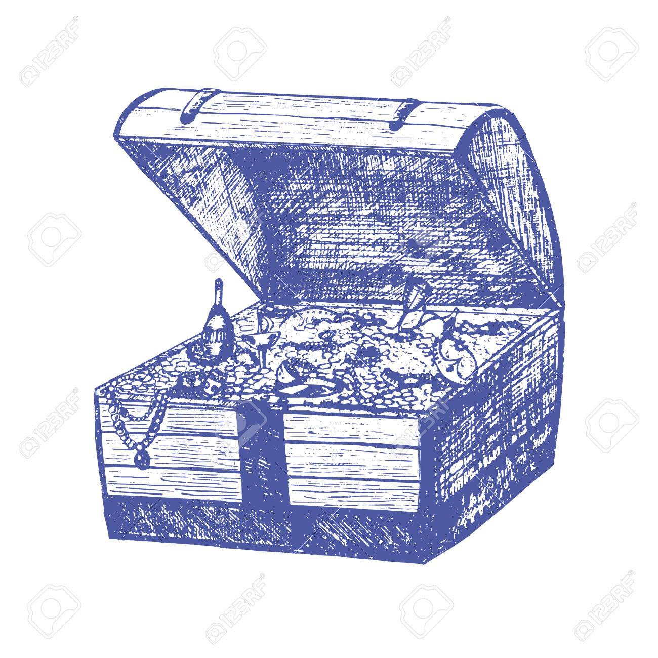 1300x1300 Open Full Pirate Treasure Chest And Coin Hand Draw Sketch. Retro