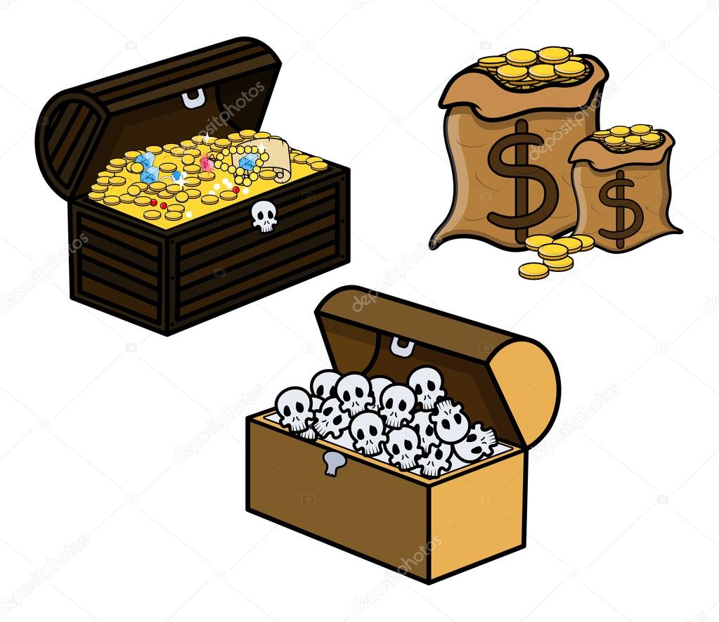 1023x885 Treasure And Skull Filled Trunks And Bag Of Coins