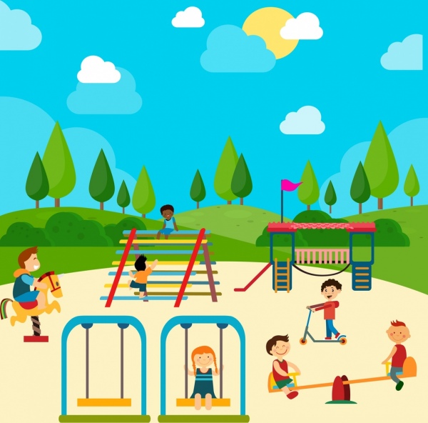 600x592 Playground Drawing Children Icons Colored Cartoon Free Vector