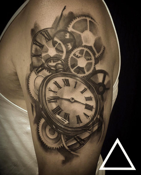 474x587 34 Superb Pocket Watch Tattoo Designs