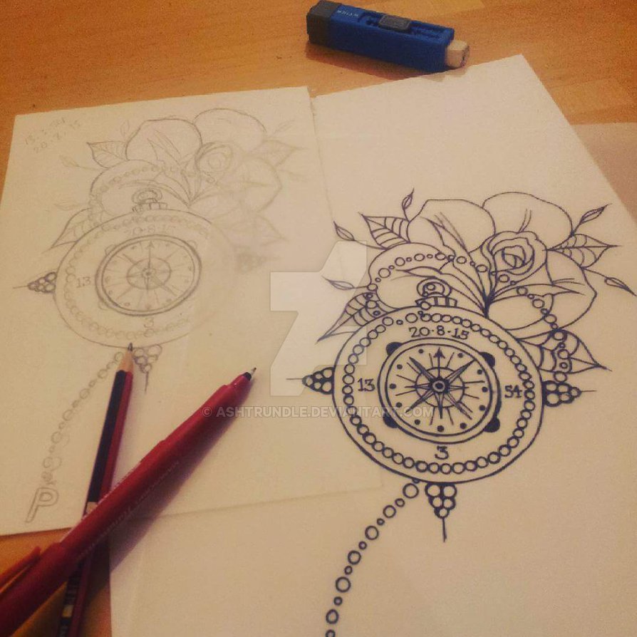 894x894 Line Drawing Pocket Watch And Rose By Ashtrundle