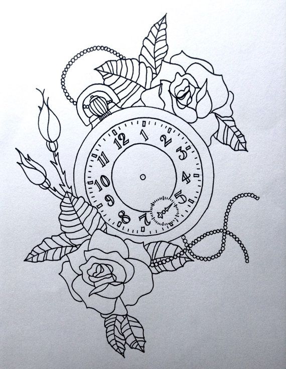 570x735 Pocket Watch Line Drawing Print 17 X 13cm Printed On A4 300gsm