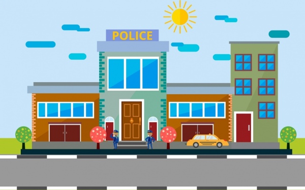 600x375 Police Station Facade Design Colored Cartoon Decor Free Vector