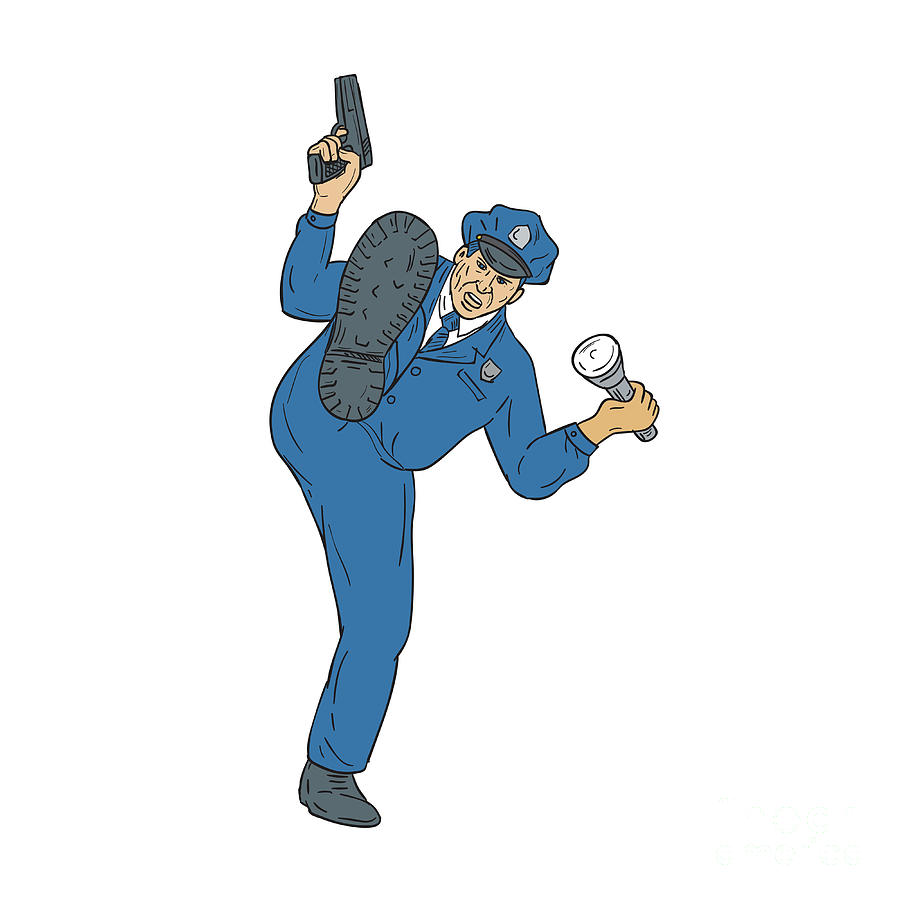 900x900 Policeman Gun Flashlight Torch Kicking Drawing Digital Art By