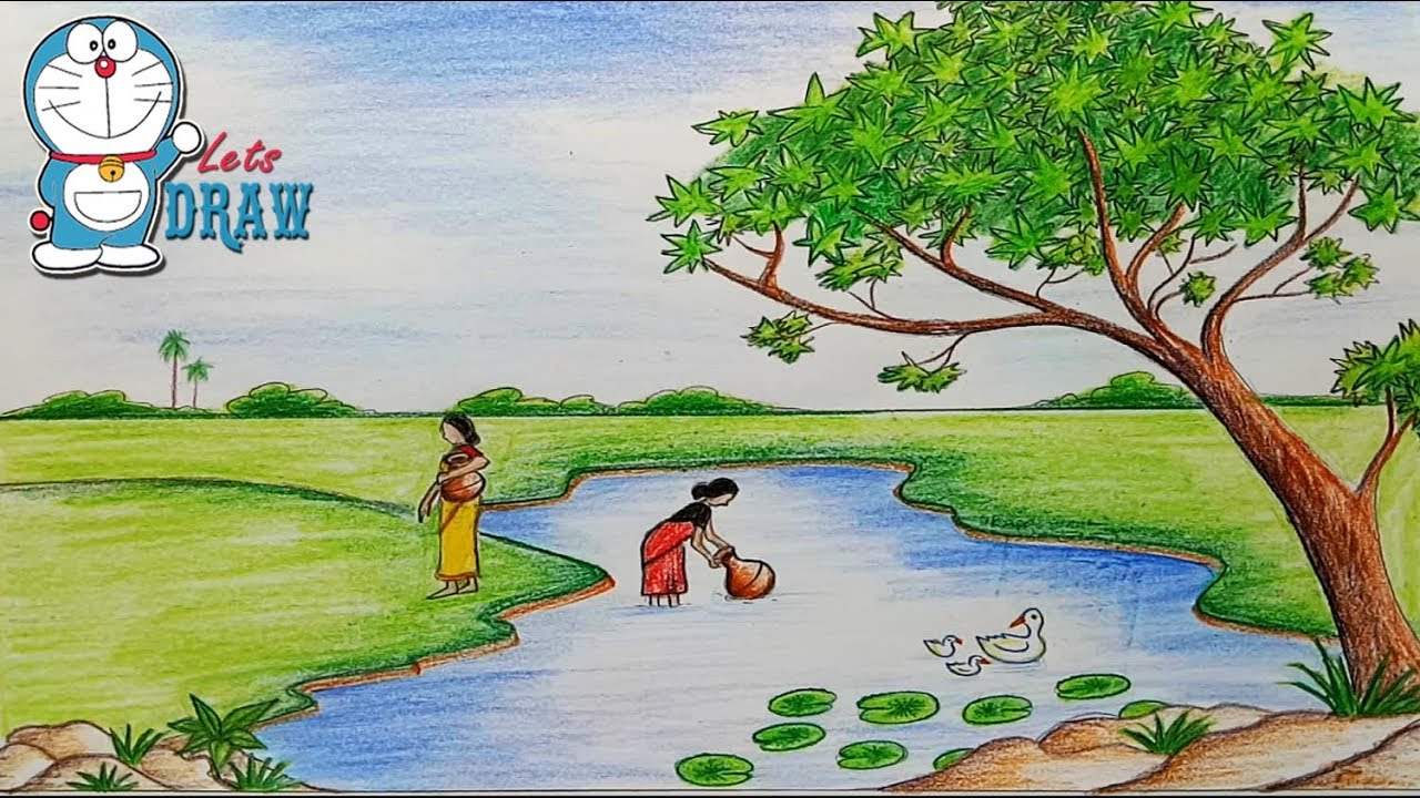 1280x720 How To Draw Scenery Of Pond Ghat Step By Step (Very Easy)