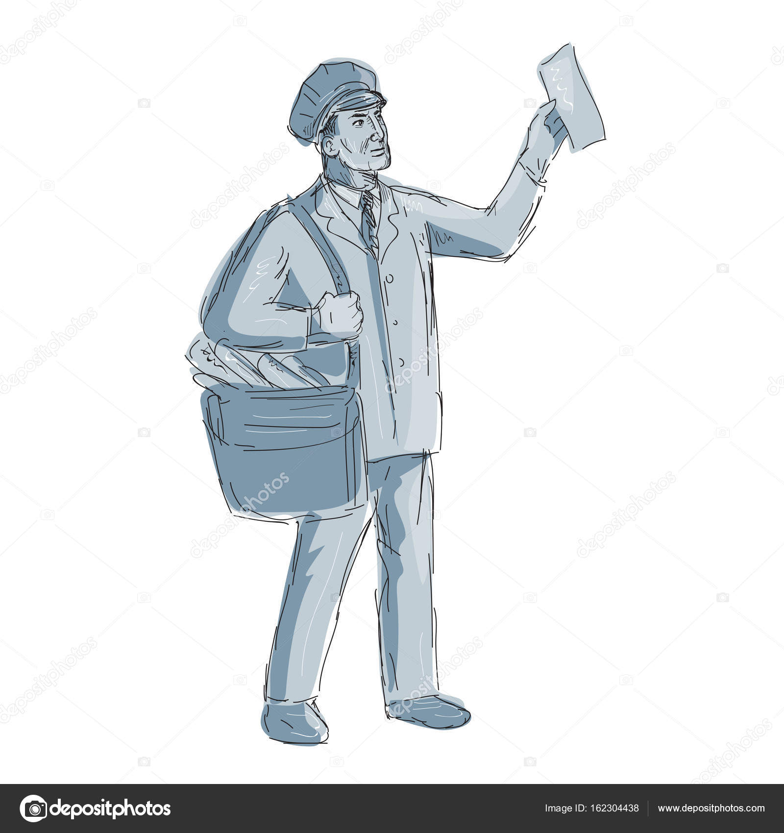 1600x1700 Vintage Postman Holding Up Letter Drawing Stock Vector