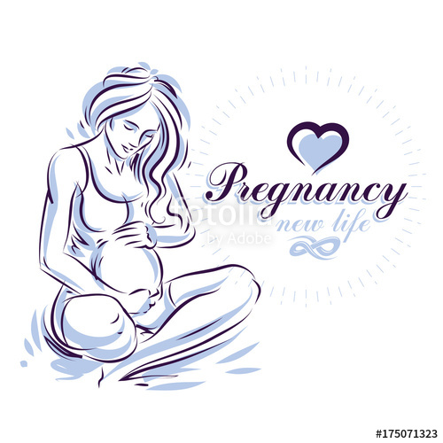 500x500 Elegant Pregnant Woman Body Silhouette Drawing. Vector