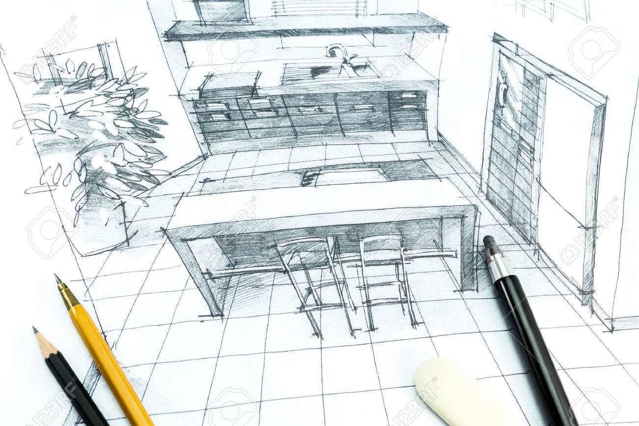 1300x866 Hand Drawing Interior Design. Part Of Architectural Project. Stock