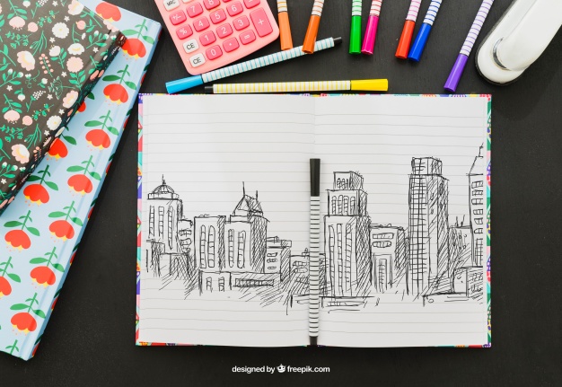 626x431 Drawing Of Buildings, Markers, Stapler And Calculator Psd File