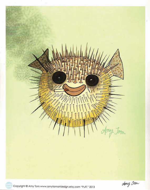 570x723 Smiling Pufferfish Art Print Of Original Drawing