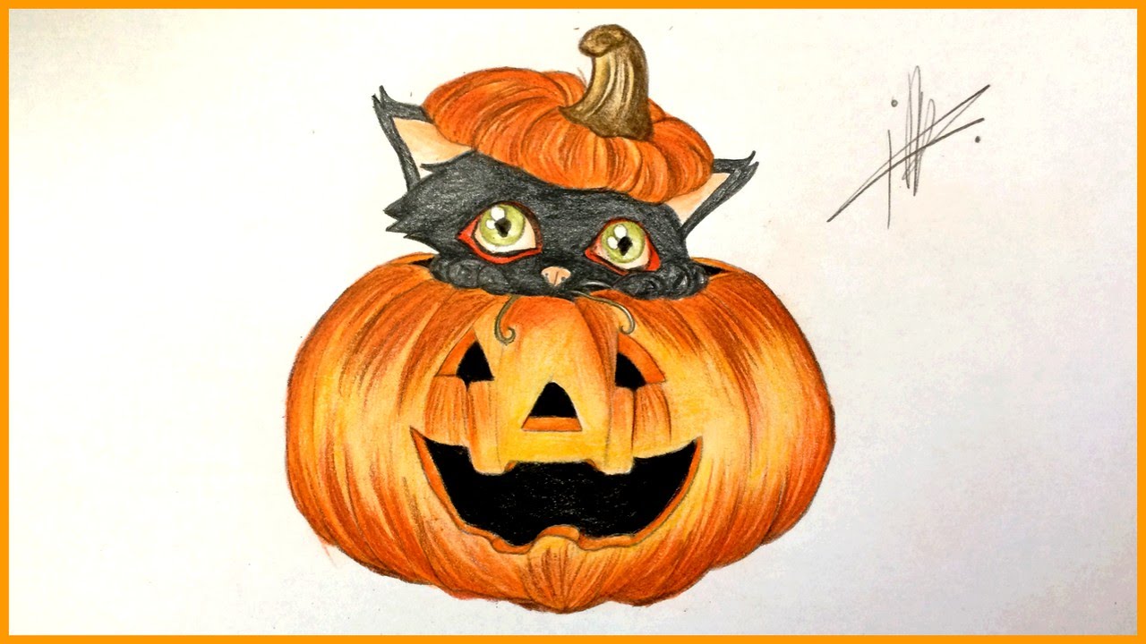 1280x720 Drawing A Halloween Pumpkin With A Black Cat