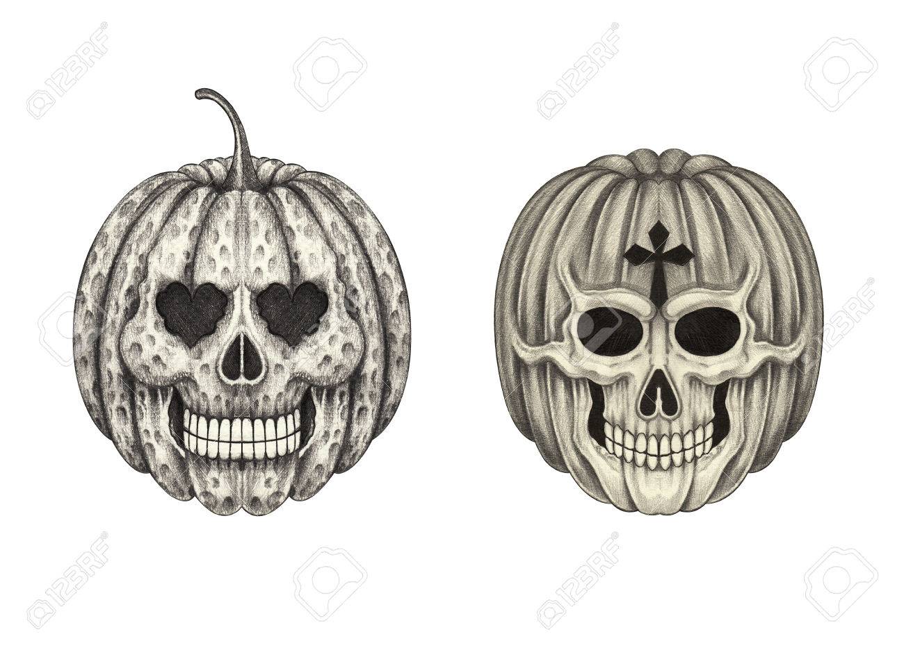 1300x933 Art Pumpkin Skulls.hand Pencil Drawing On Paper. Stock Photo
