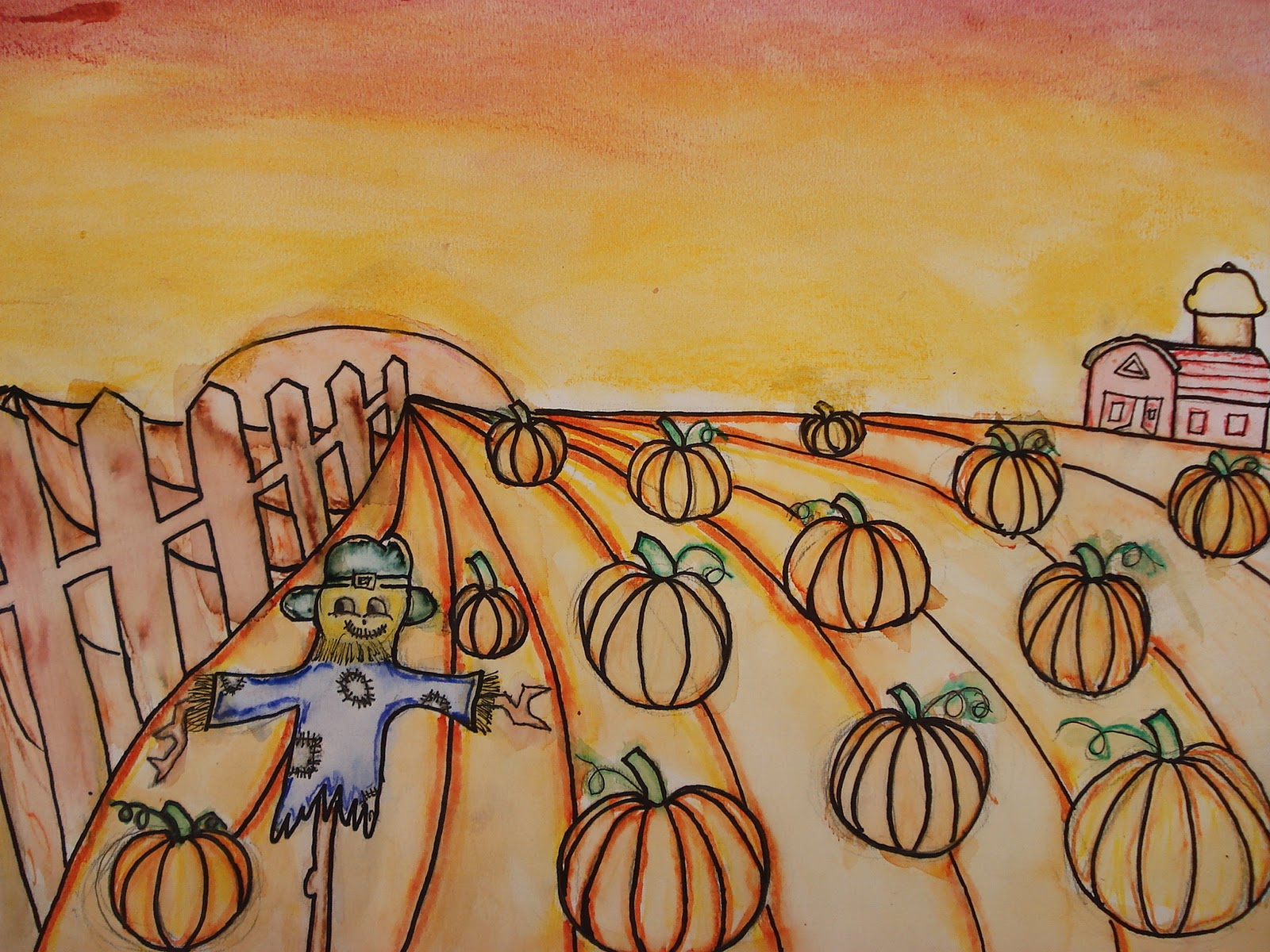 1600x1200 A Faithful Attempt One Point Perspective Pumpkin Patch Landscape