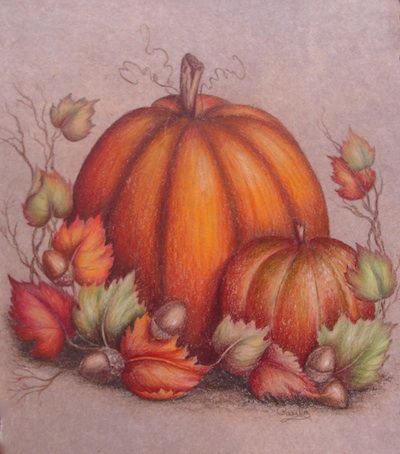 400x454 Pumpkin, Gourd, Fall Leaves Amp Acorns Colored Pencil