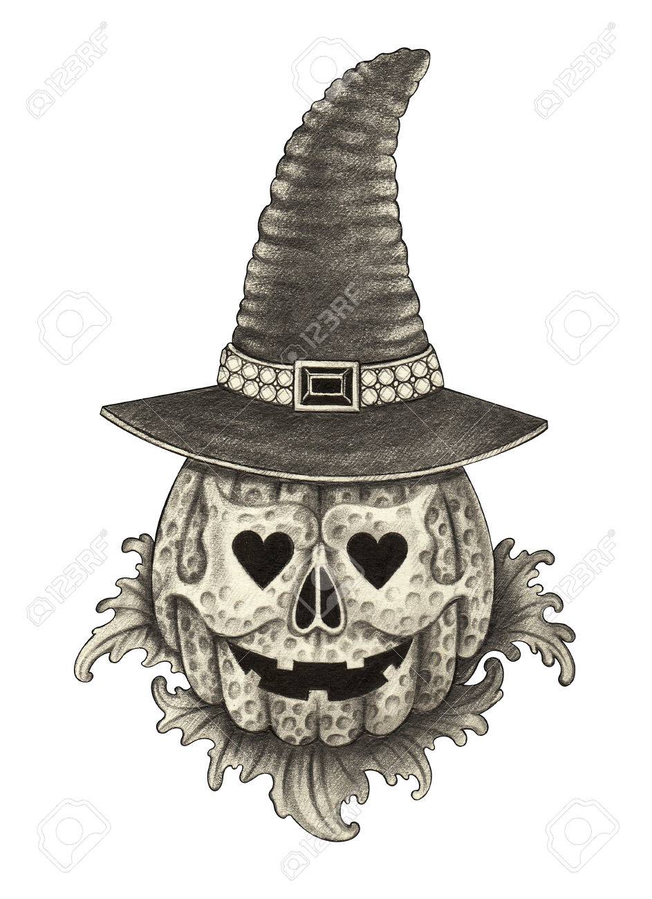 943x1300 Skull Pumpkin Halloween Day. Hand Pencil Drawing On Paper. Stock