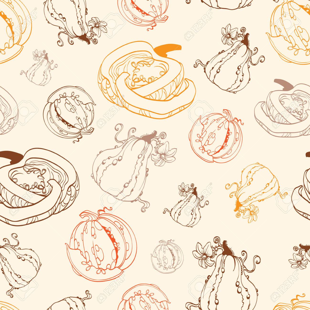 1300x1300 Vector Vintage Thanksgiving Pumpkins Drawing Seamless Pattern