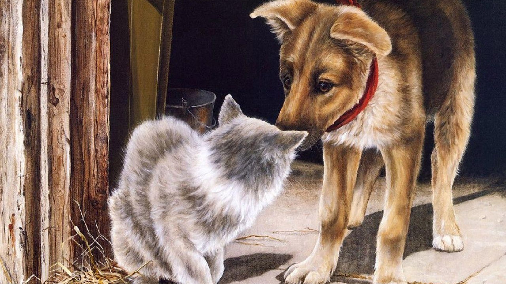 Не обижайте кошку. Кошки и собаки в живописи. Собака и кошка иллюстрация. Картины с изображением кошек и собак. Кот и собака живопись.
