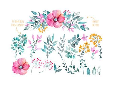 473x355 Vector Floral Set.colorful Purple Floral Collection With Leaves