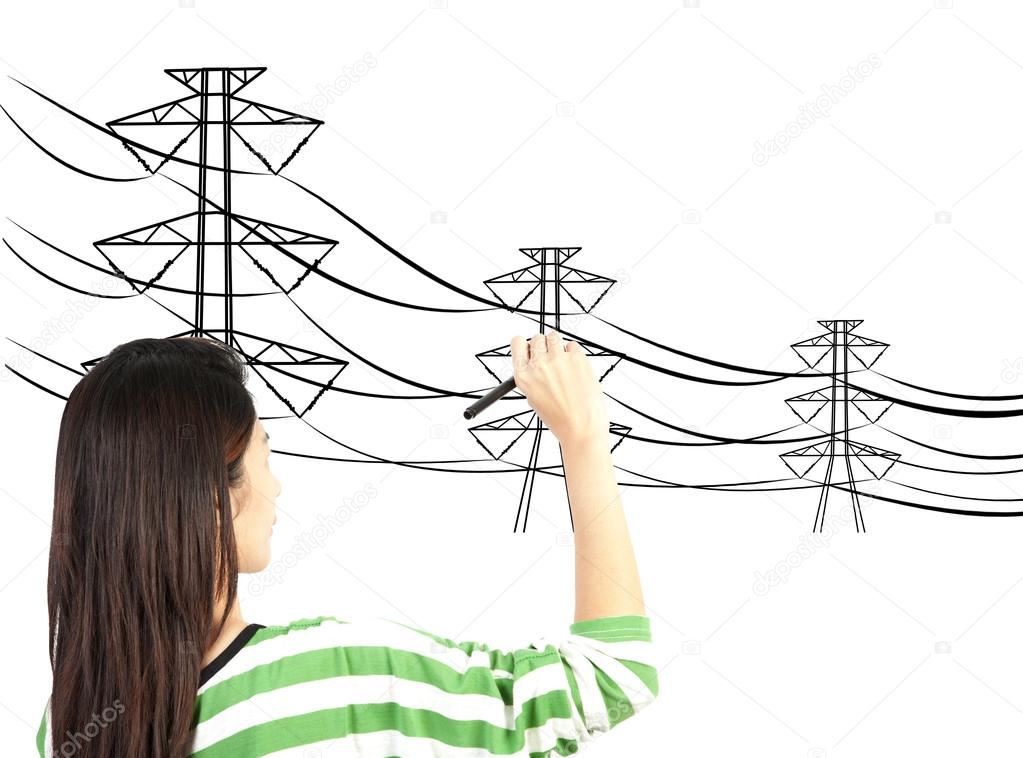 1023x758 Woman Drawing Electric Pylon And Wire Stock Photo Frameangel