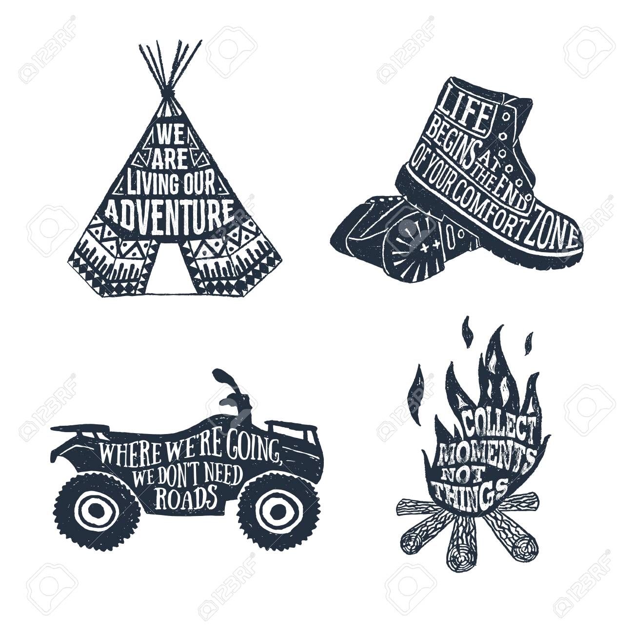 1300x1300 Hand Drawn Textured Vintage Labels Set With Teepee, Boots, Quad