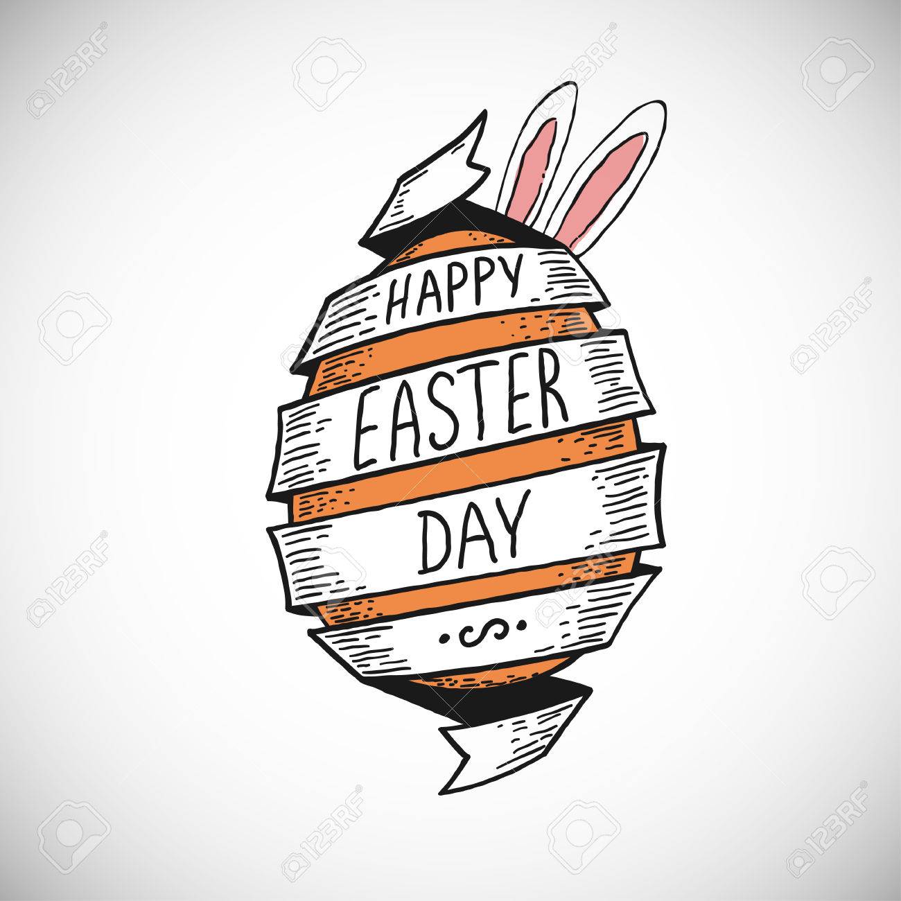 1300x1300 Spiral Ribbon And Easter Egg With Rabbit Ears, Doodle Hand Drawn