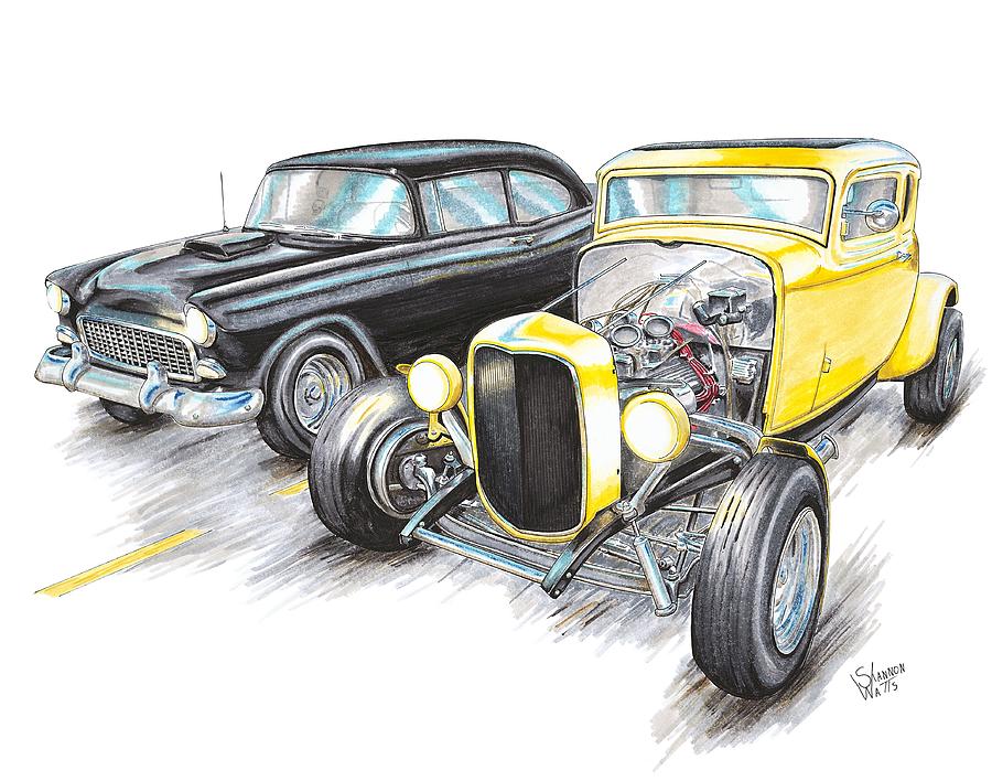 900x708 55 Chevy 32 Ford Racing Drawing By Shannon Watts