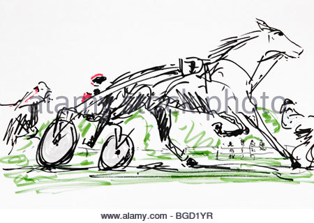 450x320 Trotting Race, Drawing, Artist Gerhard Kraus, Kriftel Stock Photo