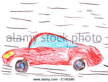421x320 Red Racing Car. Child's Drawing On Paper Stock Photo 86329133