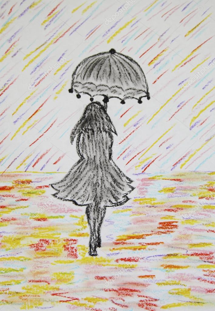 708x1023 Girl With Umbrella Goes Under A Colored Rain, Pastel Drawing