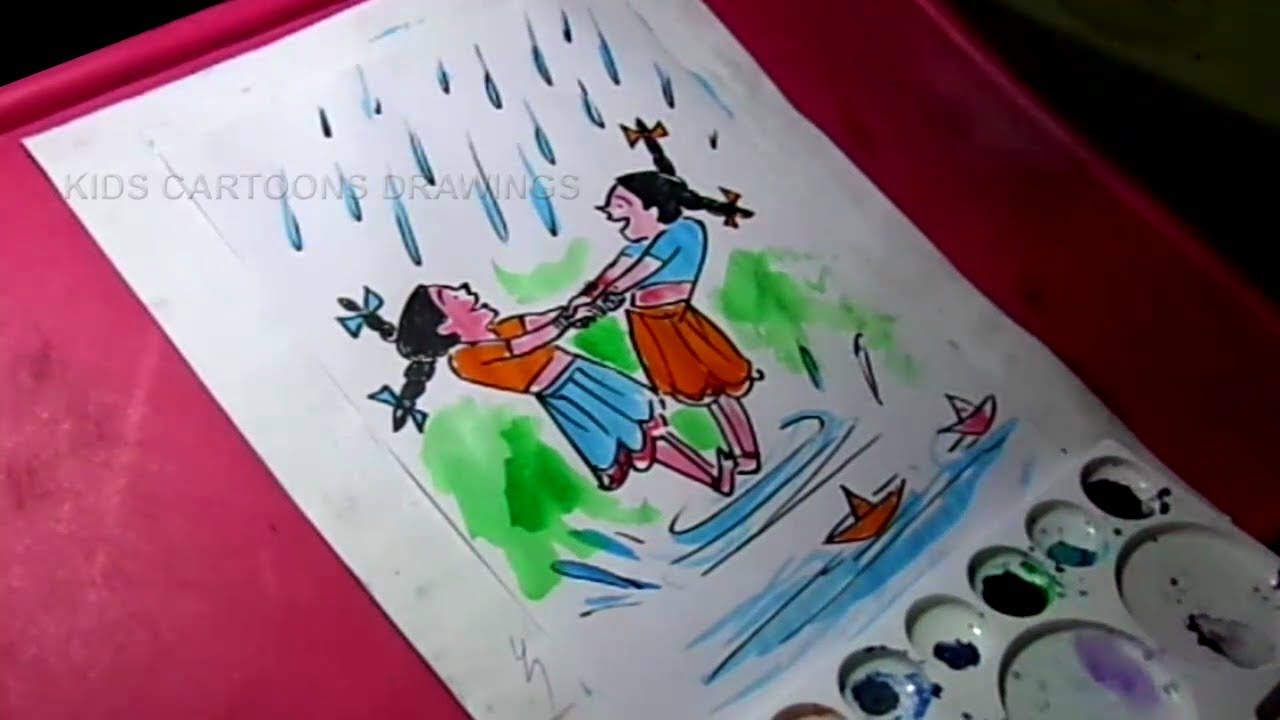 1280x720 How To Draw Rainy Season Girls Enjoying In Rain Drawing For Kids