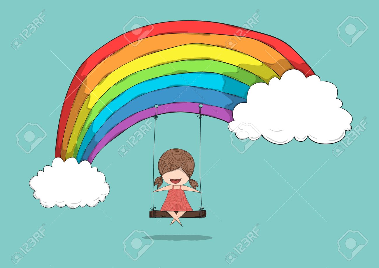 1300x919 Cartoon Girl Swinging On A Rainbow, Drawing By Hand Vector Royalty
