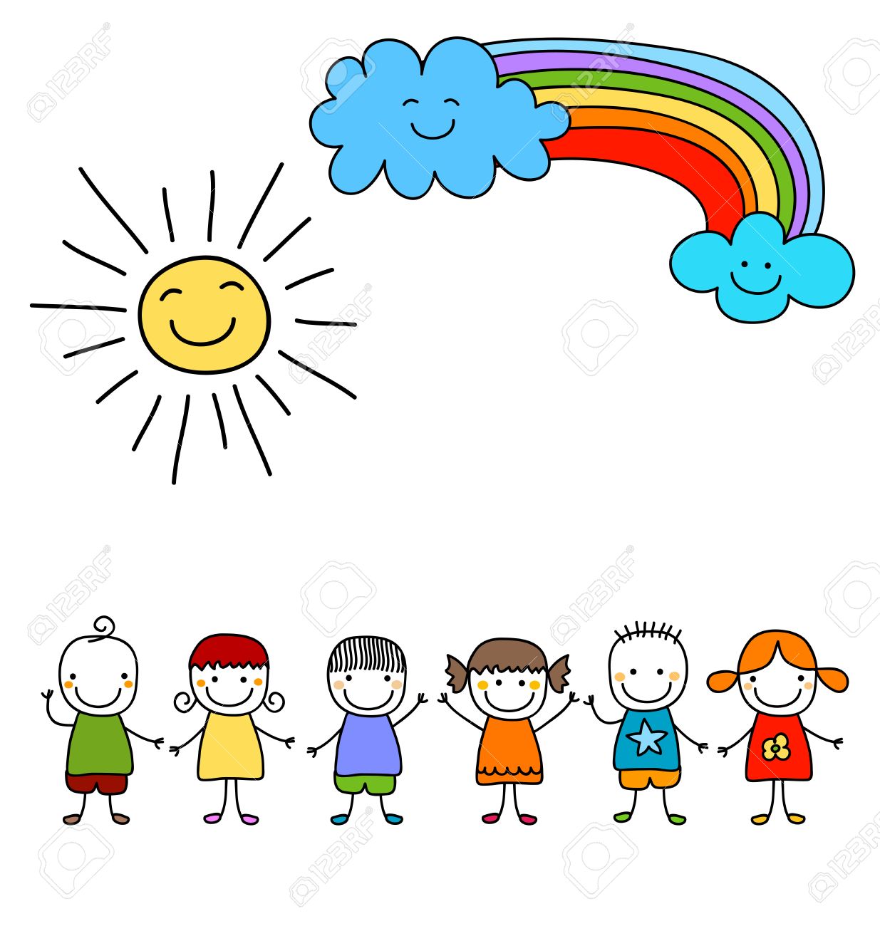 1235x1300 Group Of Kids With Sun And Rainbow, Child Like Drawing Royalty