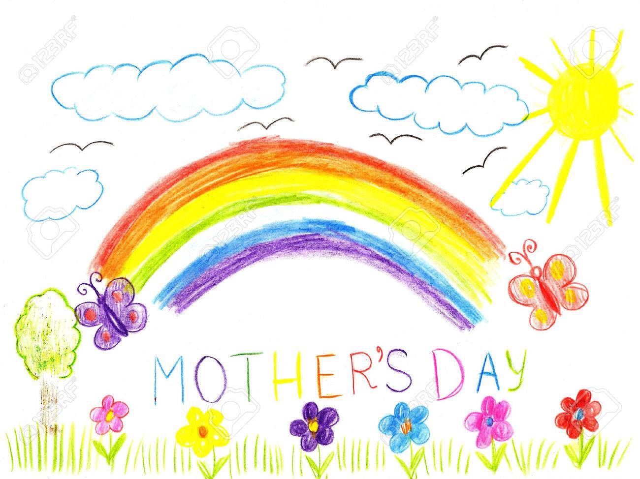 1300x974 Child Drawing Mothers Day. Flowers, Sun And Rainbow On A Greeting