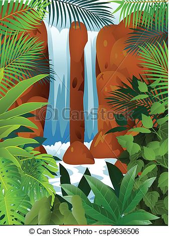 337x470 Vector Illustration Of Tropical Forest With Waterfall Clip Art